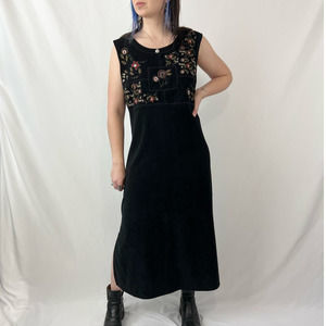 Vintage 90s Floral Embroidery Patchwork Black Sleeveless Maxi Dress XL